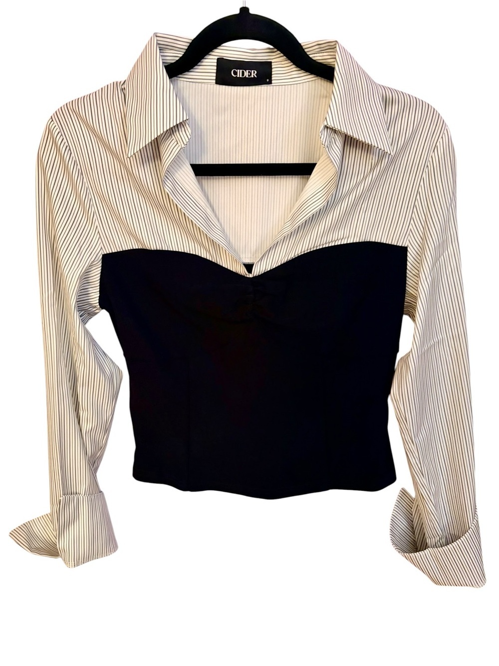 Cider Black Bustier-Front Pinstripe Button-Down Shirt